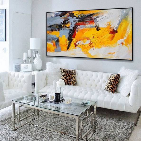 White Handmade Painting Gray Yellow Abstract Canvas Wall Art 6JDWJ
